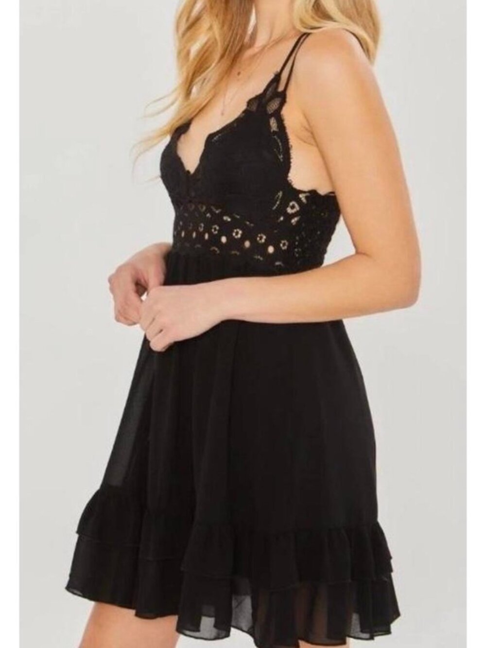 NWT Boutique Womens Black Fairycore Gothic Romance Lace Mini Dress Medium